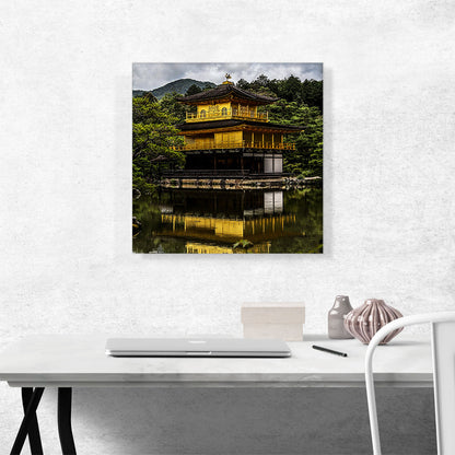 Yellow Temple on a Pond Kyoto Japan Square