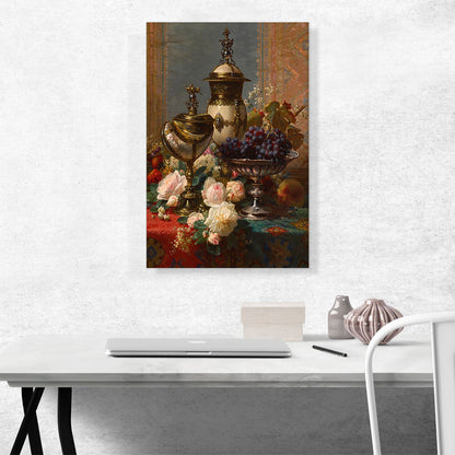 Still Life With Roses Grapes Silver Inlaid Nautilus Shell