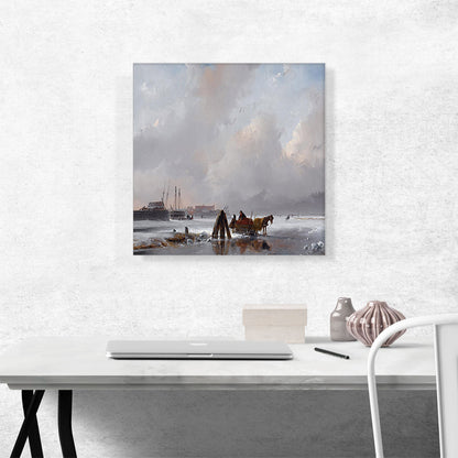 A Horse-Drawn Sledge Near a Frozen Harbour