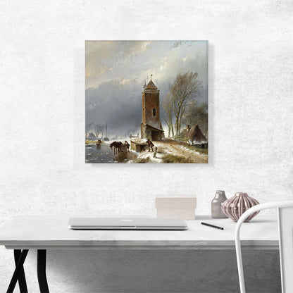 A View Of a Frozen Canal With Figures Horse Drawn Sledge 1853