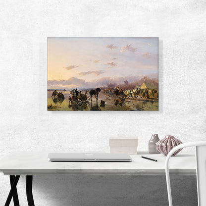 A Winter Scene With Skaters And Horse Drawn Sleighs