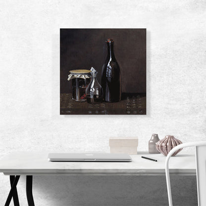 Still Life With A Jellyjar A Carafe Bottle Of Wine