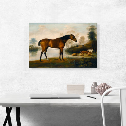 Mr Ogilvie's Bay Racehorse on a Riverbank with a Group of Cows