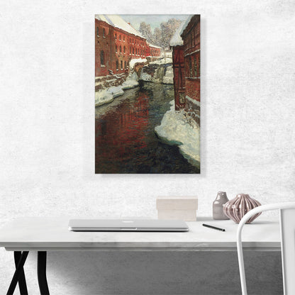 Snow Covered Town With Waterfall