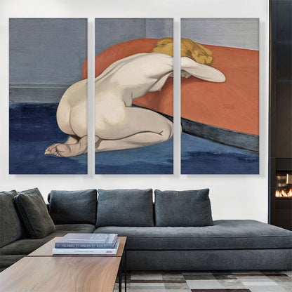 Naked Woman Kneeling In Front Of Red Couch 1915