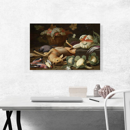 Still Life Basket Fruit Cauliflowers Melon Leeks Radishes Vegetables Deer Songbirds