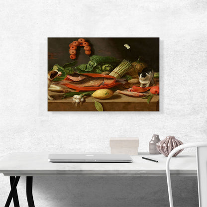 Still Life Carp Terracotta Dish Oysters Asparagus Cabbage Onions Dog Cat