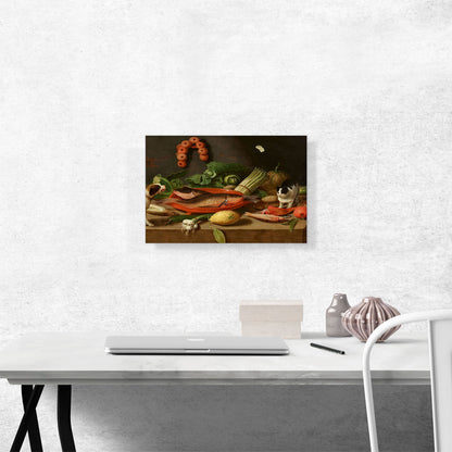 Still Life Carp Terracotta Dish Oysters Asparagus Cabbage Onions Dog Cat