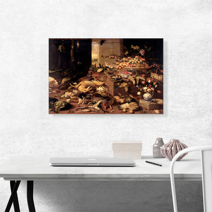 Still Life Interior With Game Fish Fruit Flowers Cats And Dogs 1645