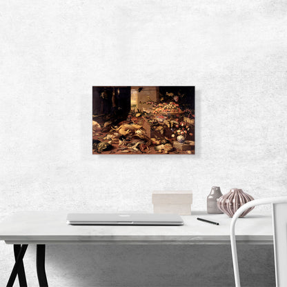Still Life Interior With Game Fish Fruit Flowers Cats And Dogs 1645