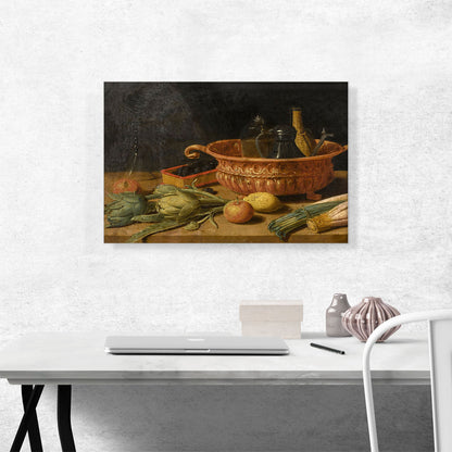 Still Life Of Fruit Vegetables A Copper Pot And Other Objects On a Table