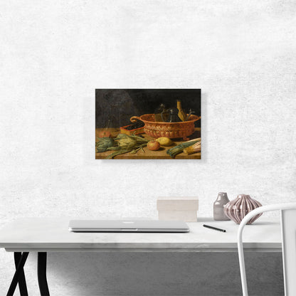 Still Life Of Fruit Vegetables A Copper Pot And Other Objects On a Table