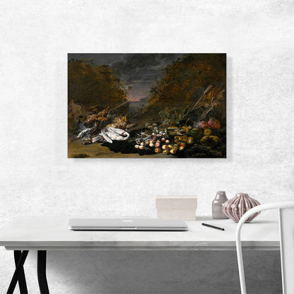 Still Life Swan Birds Rabbits Fruit Vegetables Landscape Beyond