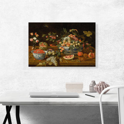 Still Life With Fruits Porcelain Bowls Vase Of Flowers Two Squirrels Eating Nuts