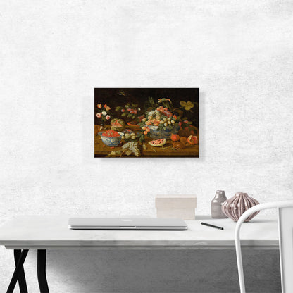Still Life With Fruits Porcelain Bowls Vase Of Flowers Two Squirrels Eating Nuts