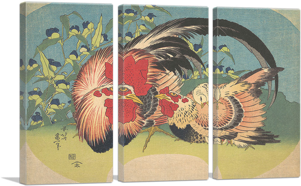 Rooster, Hen and Chicken with Spiderwort 1830