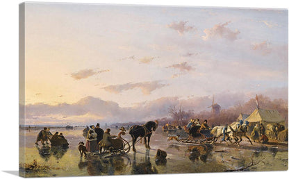 A Winter Scene With Skaters And Horse Drawn Sleighs